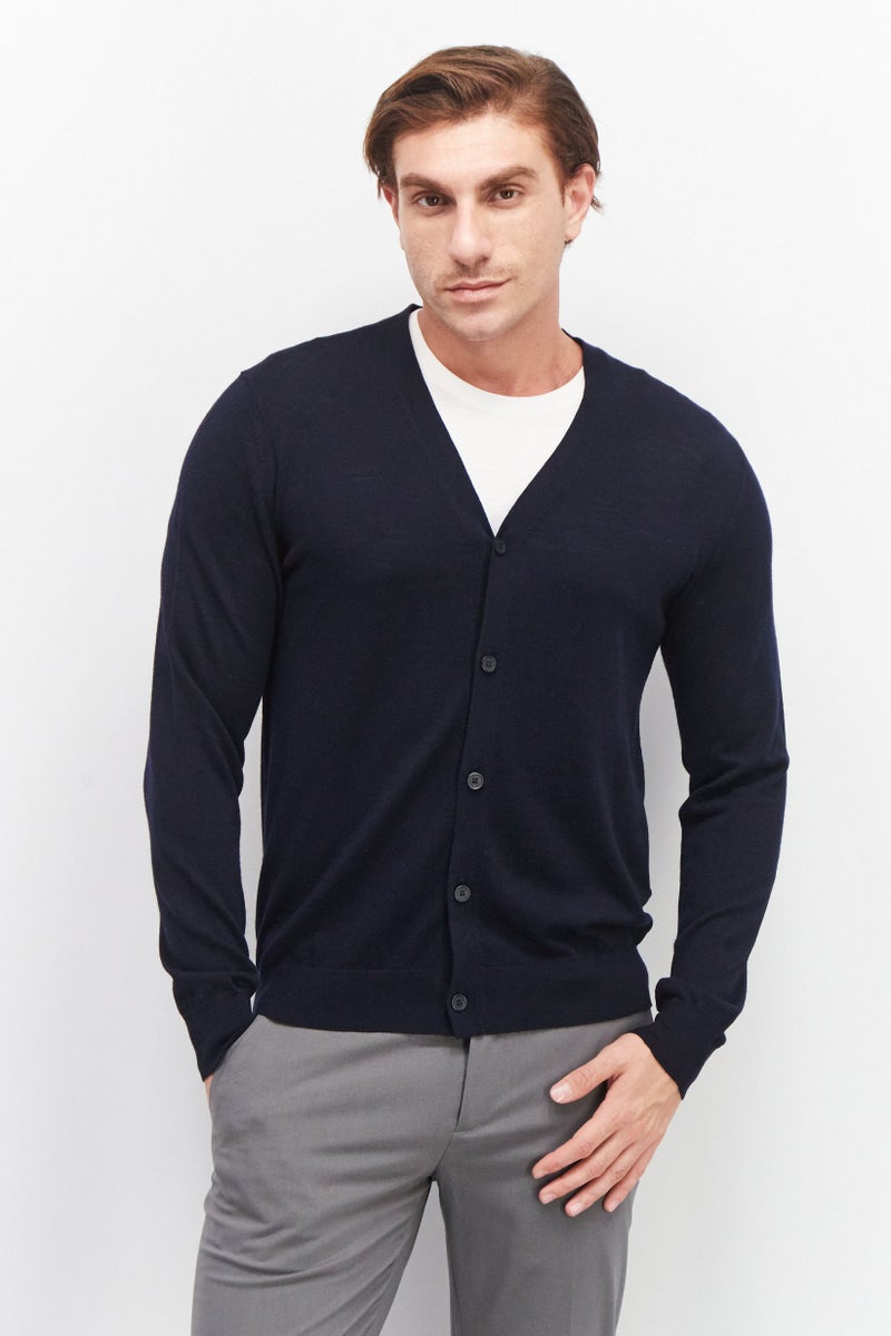 Celio Men V Neck Long Sleeve Plain Cardigan, Dark Navy  - Image 1