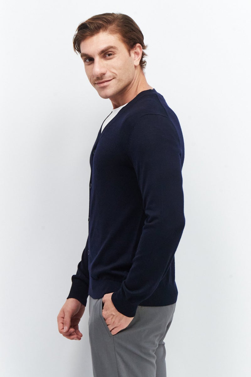 Celio Men V Neck Long Sleeve Plain Cardigan, Dark Navy  - Image 3