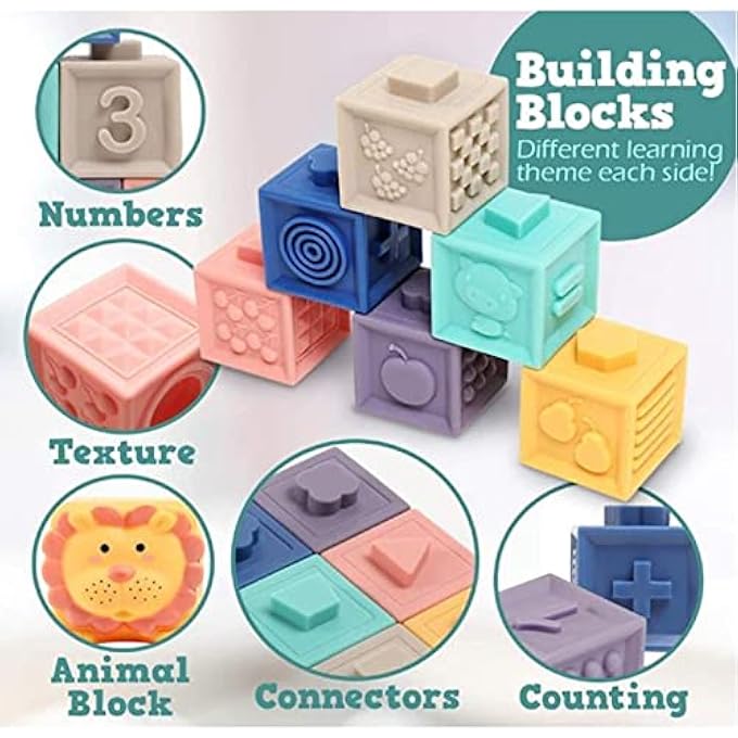 AM ANNA Baby Blocks Toys Soft Stacking Blocks Montessori Learning Babies Infant Teething Chewing Toy, Squeeze Sensory Toys, Bath Toy for Toddler Baby Girl Boy with Suction Cup Storage Bag - Image 4