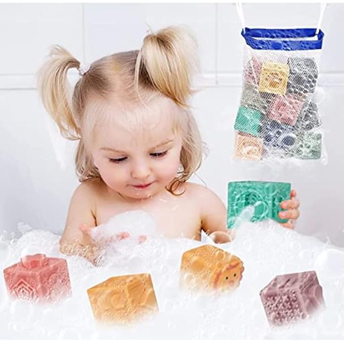 AM ANNA Baby Blocks Toys Soft Stacking Blocks Montessori Learning Babies Infant Teething Chewing Toy, Squeeze Sensory Toys, Bath Toy for Toddler Baby Girl Boy with Suction Cup Storage Bag - Image 2