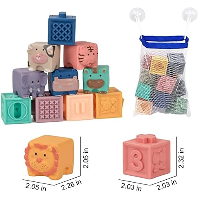 AM ANNA Baby Blocks Toys Soft Stacking Blocks Montessori Learning Babies Infant Teething Chewing Toy, Squeeze Sensory Toys, Bath Toy for Toddler Baby Girl Boy with Suction Cup Storage Bag - Image 3