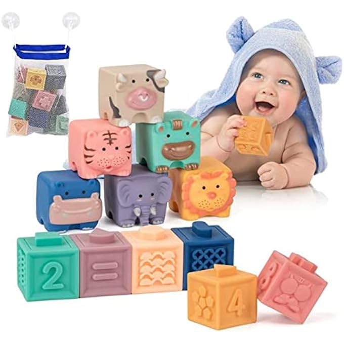 AM ANNA Baby Blocks Toys Soft Stacking Blocks Montessori Learning Babies Infant Teething Chewing Toy, Squeeze Sensory Toys, Bath Toy for Toddler Baby Girl Boy with Suction Cup Storage Bag - Image 1