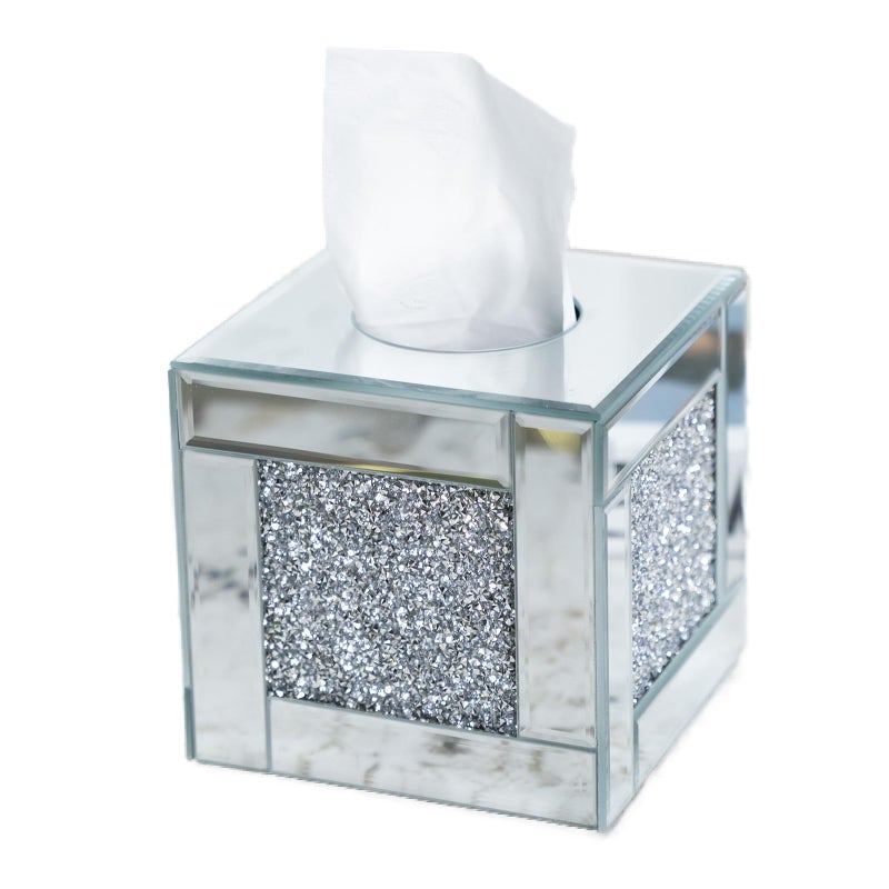 YACSNBF Mirrored Tissue Box Cover Holder, Square Glass Facial Tissue Holder with Crushed Diamond Crystals, Luxury Facial Paper Organizer Dispenser for Bathroom, Vanity Countertop, Tabletop, Silver - Image 1