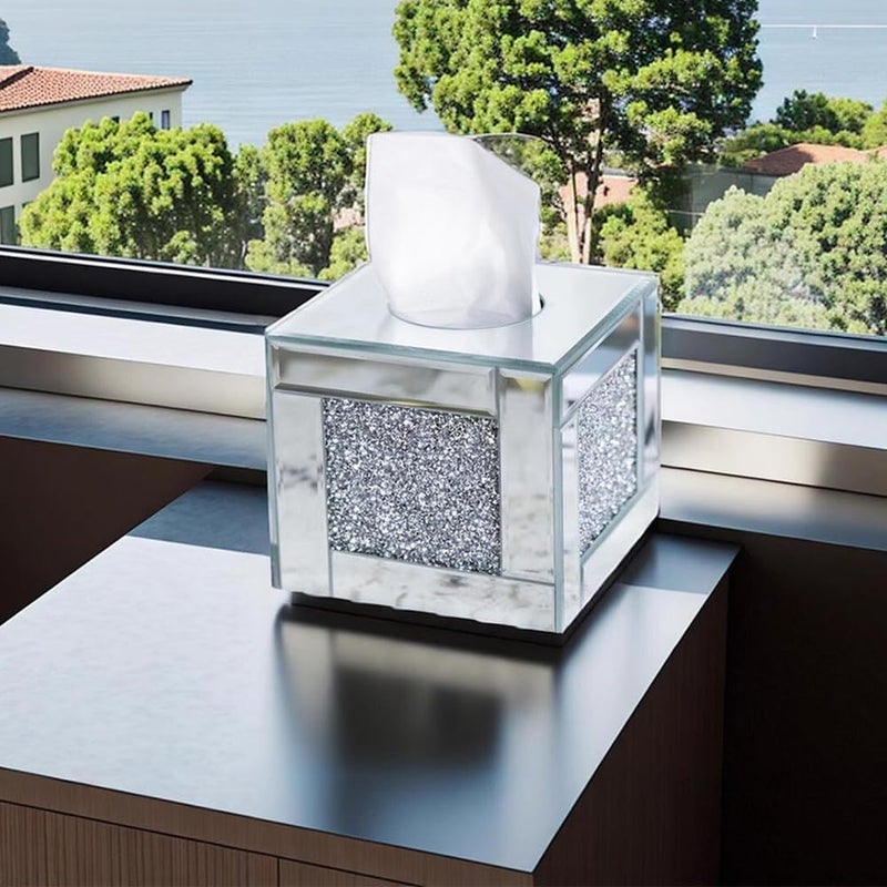 YACSNBF Mirrored Tissue Box Cover Holder, Square Glass Facial Tissue Holder with Crushed Diamond Crystals, Luxury Facial Paper Organizer Dispenser for Bathroom, Vanity Countertop, Tabletop, Silver - Image 5