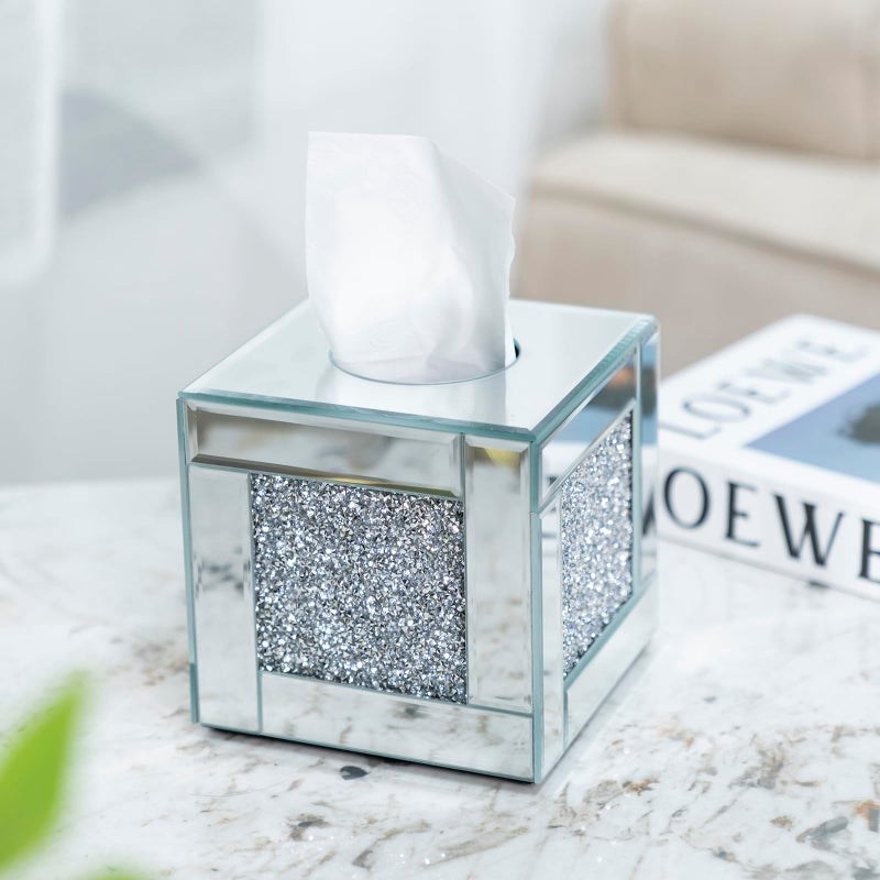 YACSNBF Mirrored Tissue Box Cover Holder, Square Glass Facial Tissue Holder with Crushed Diamond Crystals, Luxury Facial Paper Organizer Dispenser for Bathroom, Vanity Countertop, Tabletop, Silver - Image 2