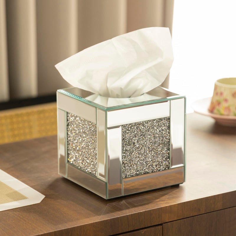 YACSNBF Mirrored Tissue Box Cover Holder, Square Glass Facial Tissue Holder with Crushed Diamond Crystals, Luxury Facial Paper Organizer Dispenser for Bathroom, Vanity Countertop, Tabletop, Silver - Image 4