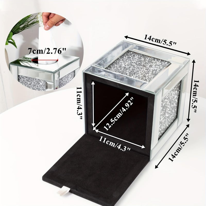 YACSNBF Mirrored Tissue Box Cover Holder, Square Glass Facial Tissue Holder with Crushed Diamond Crystals, Luxury Facial Paper Organizer Dispenser for Bathroom, Vanity Countertop, Tabletop, Silver - Image 3
