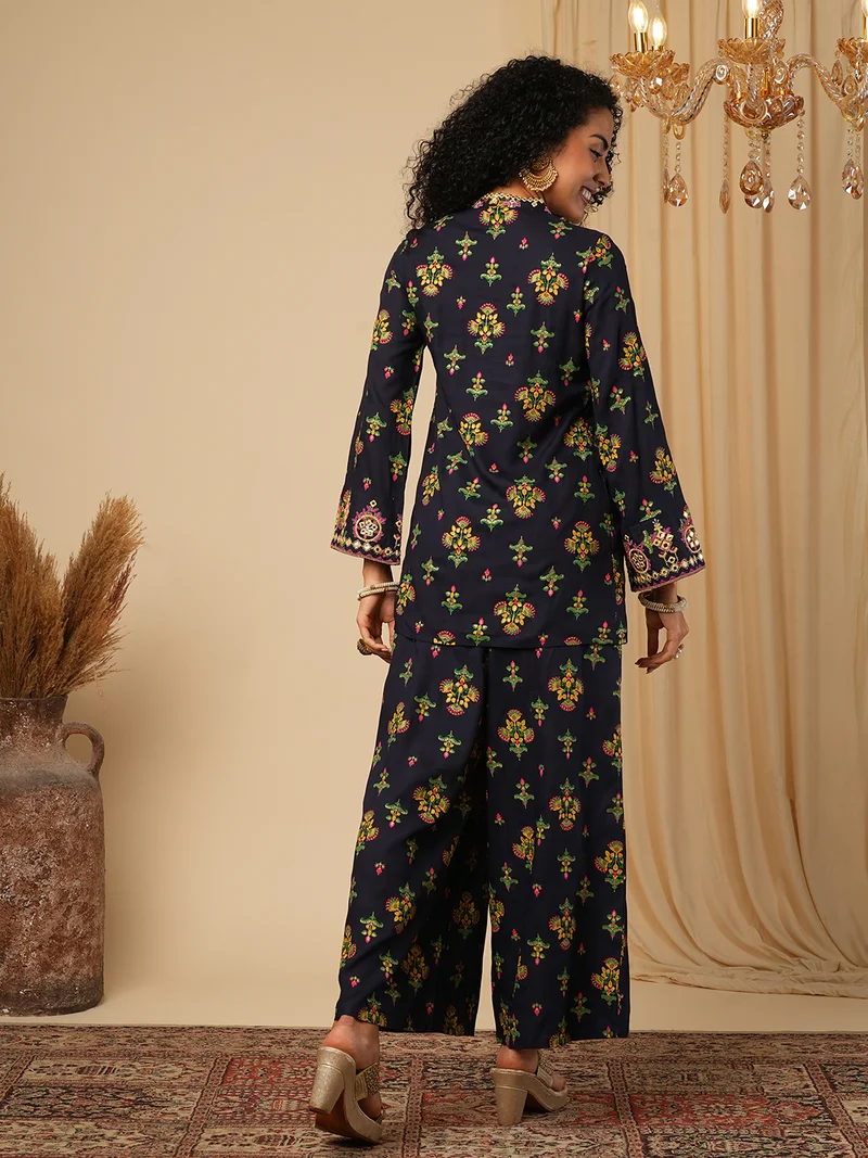 globus Women Navy Blue Ethnic Motifs Printed Mirror Work Bell Sleeves Top With Trousers