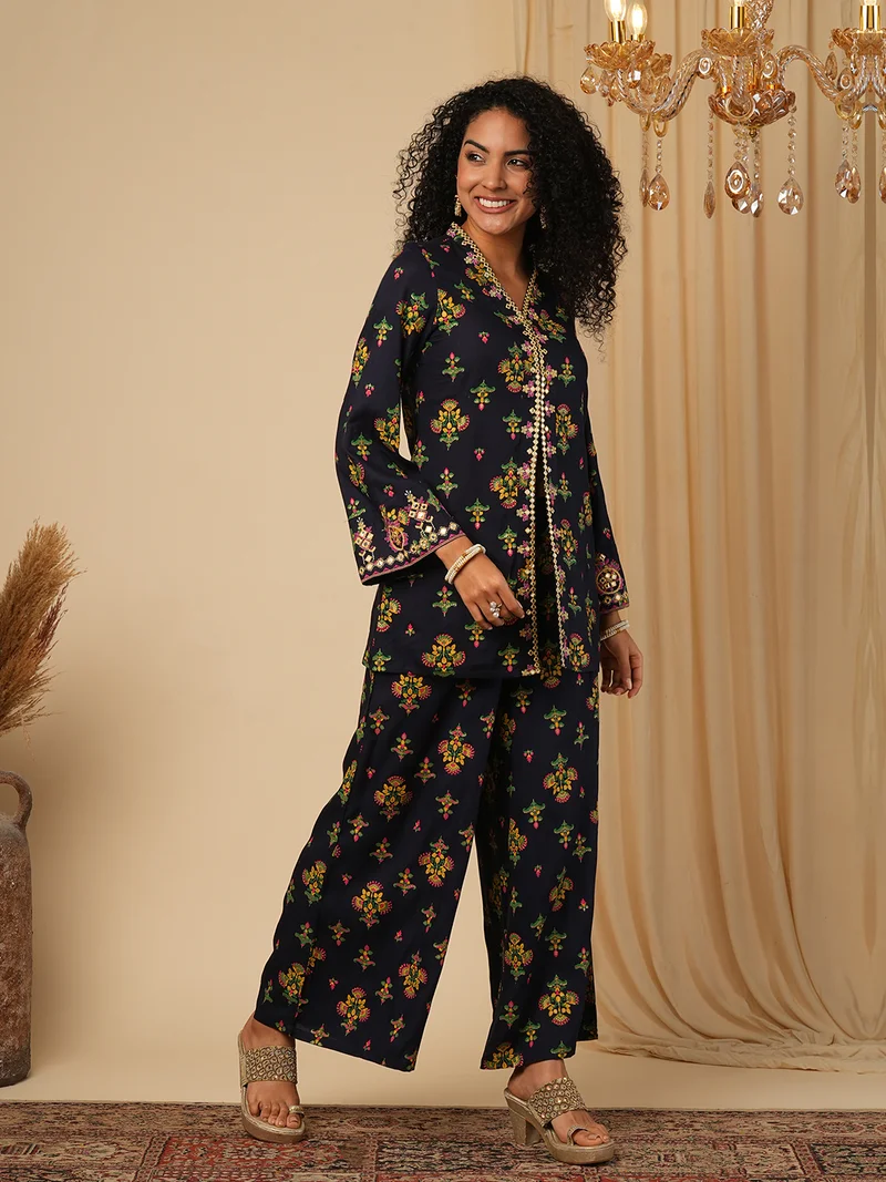globus Women Navy Blue Ethnic Motifs Printed Mirror Work Bell Sleeves Top With Trousers
