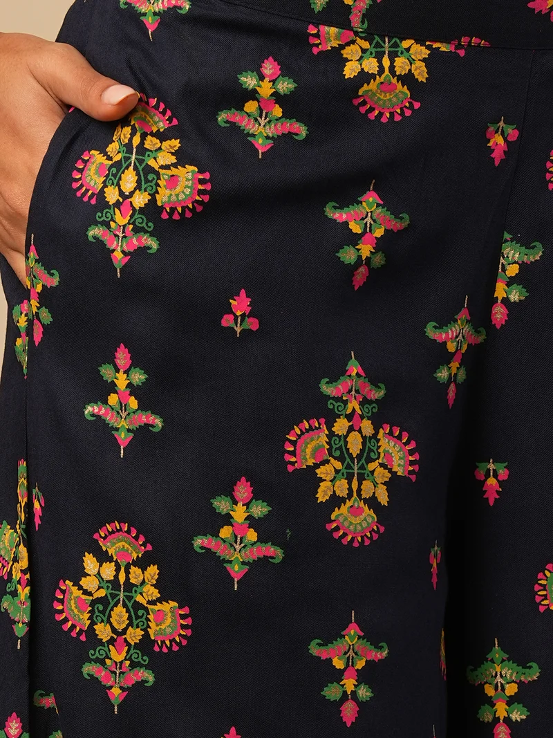 globus Women Navy Blue Ethnic Motifs Printed Mirror Work Bell Sleeves Top With Trousers