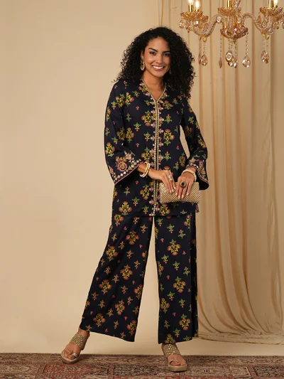 globus Women Navy Blue Ethnic Motifs Printed Mirror Work Bell Sleeves Top With Trousers