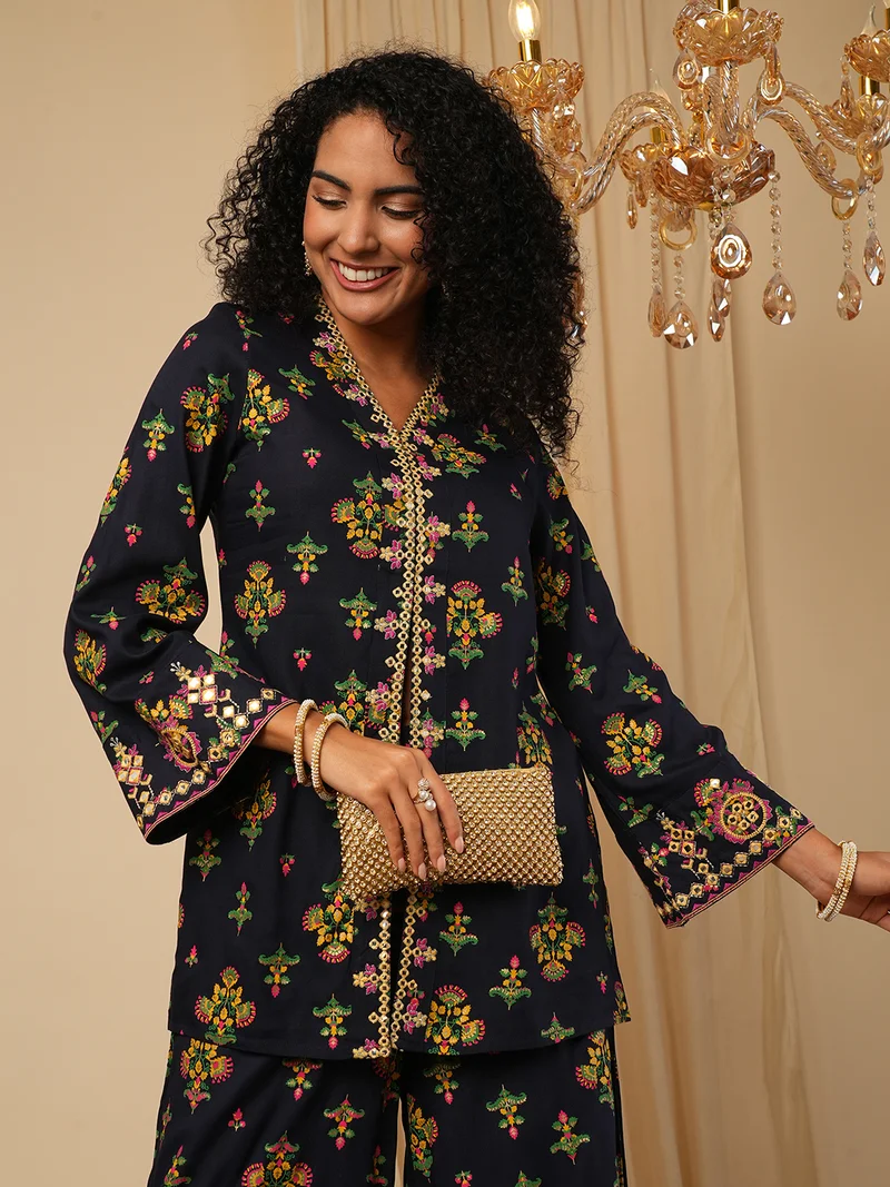 globus Women Navy Blue Ethnic Motifs Printed Mirror Work Bell Sleeves Top With Trousers