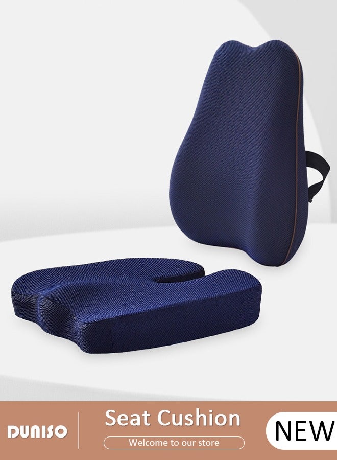 DUNISO Seat Cushion and Lumbar Support Pillow with Adjustable Straps, Comfort Memory Foam Orthopedic Back Pillow for Office Home Car with Washable Cover, Ergonomic Desk Chair Pads for Tailbone, Lower Back Pain, Sciatica Relief - Image 1