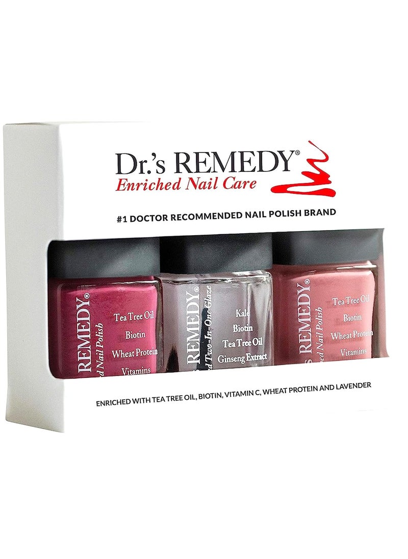 Dr.'s Remedy Dr’s Remedy 3 Pack Nail Polish Kit, ANNIVERSARY Kit, All Natural Enriched Nail Strengthener Non Toxic and Organic - BRAVE Berry/TOTAL Two-in-One Glaze/RESILIENT Rose 
