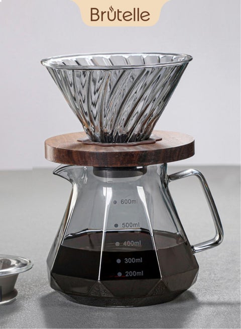 Pour Over Coffee Maker 600ml Borosilicate Glass Drip Coffee Maker Pour Over Set for 4 Cups Coffee Dripper with Glass Carafe Coffee Server for Home Office Coffee Bar Gray