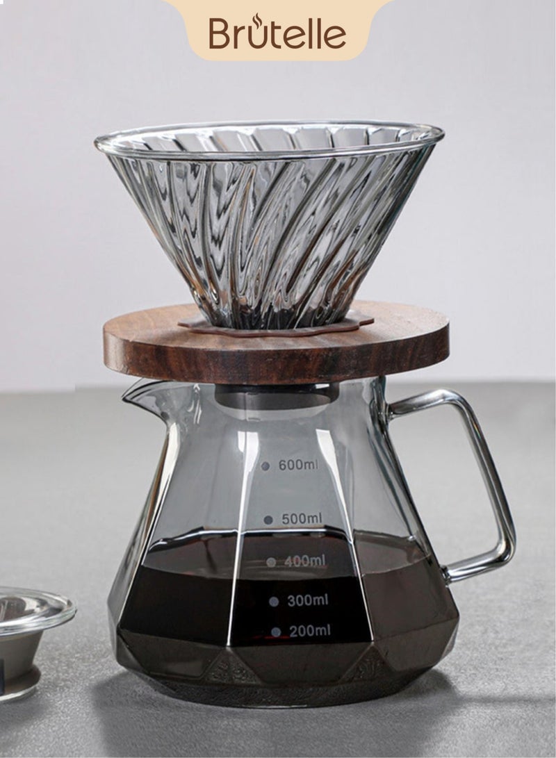 Brutelle Pour Over Coffee Maker 600ml Borosilicate Glass Drip Coffee Maker Pour Over Set for 4 Cups Coffee Dripper with Glass Carafe Coffee Server for Home Office Coffee Bar Gray - Image 1