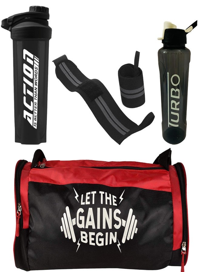 TRUE INDIAN Gym Bag Ultimate Combo Gym Duffel Bag with Protein Shaker Bottle Wrist wrap Hand Band and Sipper Bottle (Pack of - 4) (Black) - Image 1