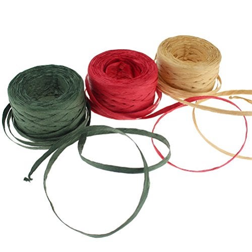 CREATRILL 3 Rolls Red Green Kraft 1/4" by 492 Feet Raffia Ribbon/String, 164 Feet Each Roll, Packing Paper Twine for Christmas - Image 1