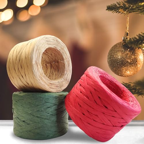 CREATRILL 3 Rolls Red Green Kraft 1/4" by 492 Feet Raffia Ribbon/String, 164 Feet Each Roll, Packing Paper Twine for Christmas - Image 3