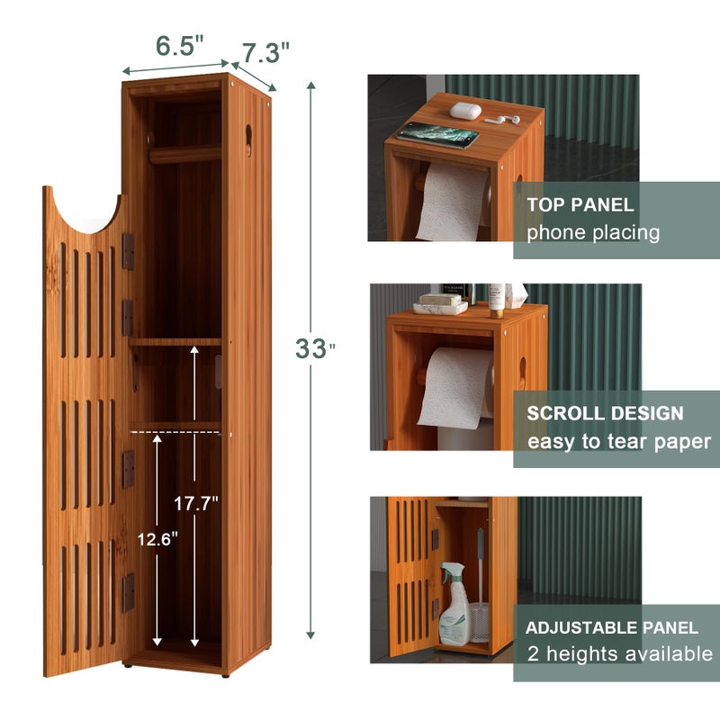 AmazerBath Bamboo Toilet Paper Holder with Storage, Bathroom Toilet Paper Storage Cabinet, Small Bathroom Storage Cabinet for Small Spaces, Slim Bathroom Storage Cabinet, 33x7.3x6.5 Inches, Brown - Image 2