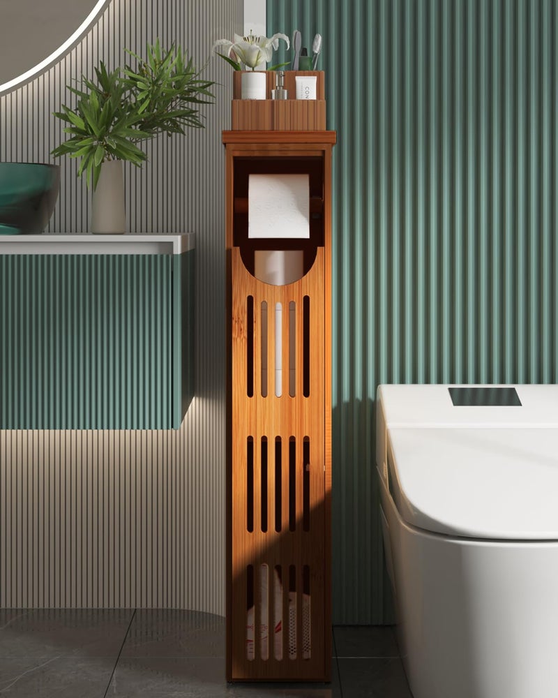 AmazerBath Bamboo Toilet Paper Holder with Storage, Bathroom Toilet Paper Storage Cabinet, Small Bathroom Storage Cabinet for Small Spaces, Slim Bathroom Storage Cabinet, 33x7.3x6.5 Inches, Brown - Image 1