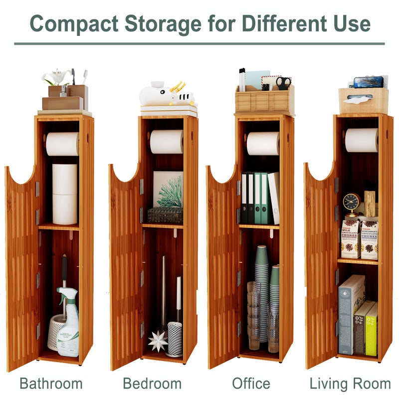 AmazerBath Bamboo Toilet Paper Holder with Storage, Bathroom Toilet Paper Storage Cabinet, Small Bathroom Storage Cabinet for Small Spaces, Slim Bathroom Storage Cabinet, 33x7.3x6.5 Inches, Brown - Image 3