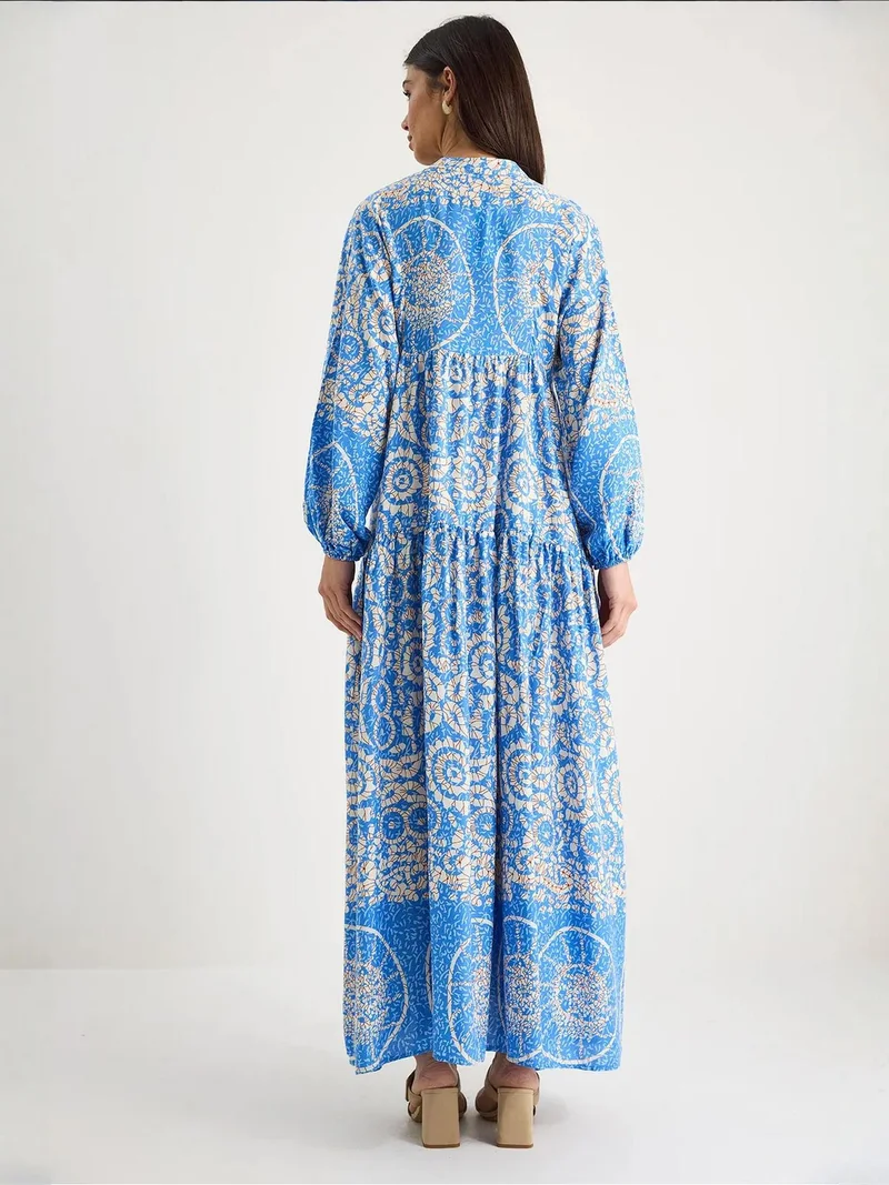 Bianco Lucci Patterned Maxi Dress with V-neck and Button Closure