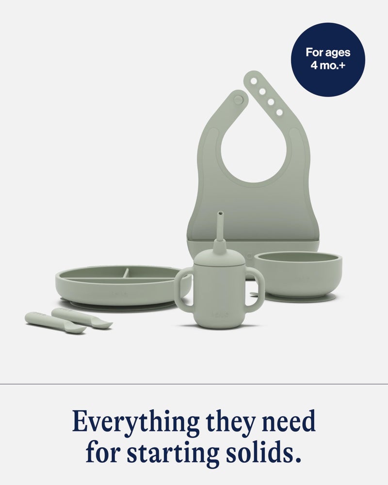 Lalo First Bites Silicone Baby Feeding Set - Baby Led Weaning Supplies - Non-Toxic Silicone - Includes 1 Bib, 2 Spoons, Training Cup, Suction Plate and Bowl - 6 Pieces - Sage - Image 3