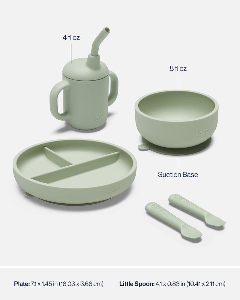 Lalo First Bites Silicone Baby Feeding Set - Baby Led Weaning Supplies - Non-Toxic Silicone - Includes 1 Bib, 2 Spoons, Training Cup, Suction Plate and Bowl - 6 Pieces - Sage - Image 5