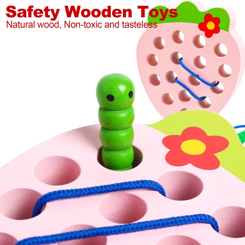 NAODONGLI Wooden Lacing Toys for Toddlers, Baby Toys Strawberry Threading Learning Fine Motor Skills,Montessori Sensory Educational Wooden Block Puzzle Travel Gift for 3 Years Old Baby Boys Girls - Image 3