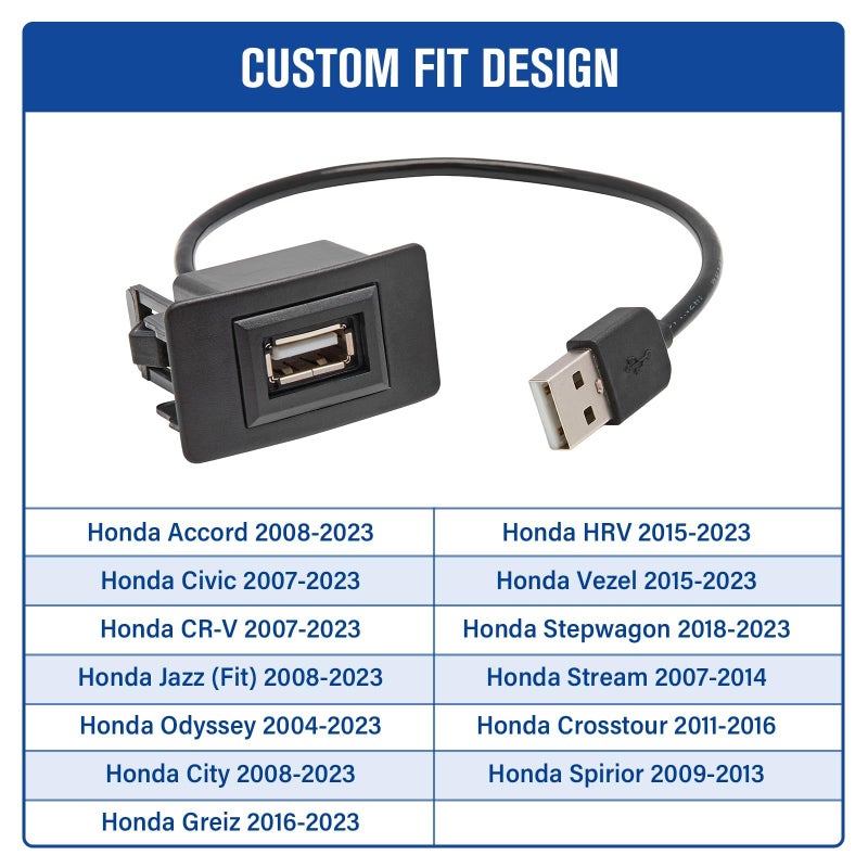 Anina USB Port Car Charger for Honda, Male to Female USB Power Socket Adapter, Panel Flush Mount Extension Cable for Civic CRV Accord Jazz Odyssey, Square Vehicle Dash Port Kit (44 * 26mm) - Image 4