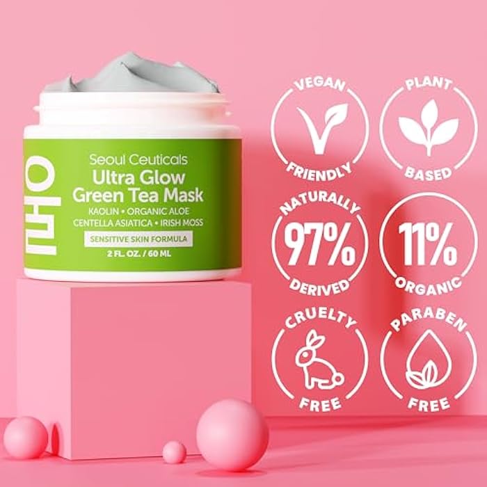 SeoulCeuticals Korean Skin Care Face Mask for Sensitive Skin - Korean Skincare Green Tea Wash Off Masks - K Beauty Face Masks - Aloe Vera Mask + Centella Asiatica Hydrating Facial Spa Mask 2oz - Image 4