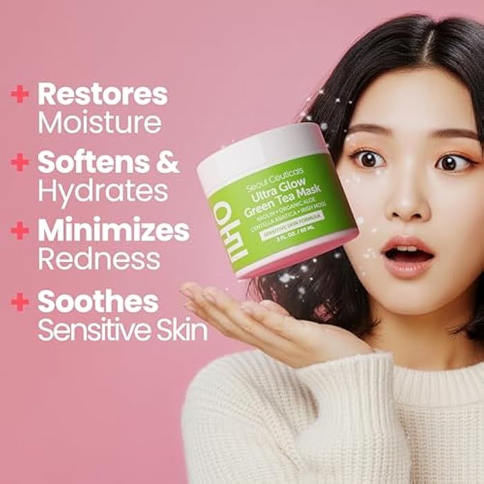SeoulCeuticals Korean Skin Care Face Mask for Sensitive Skin - Korean Skincare Green Tea Wash Off Masks - K Beauty Face Masks - Aloe Vera Mask + Centella Asiatica Hydrating Facial Spa Mask 2oz - Image 2