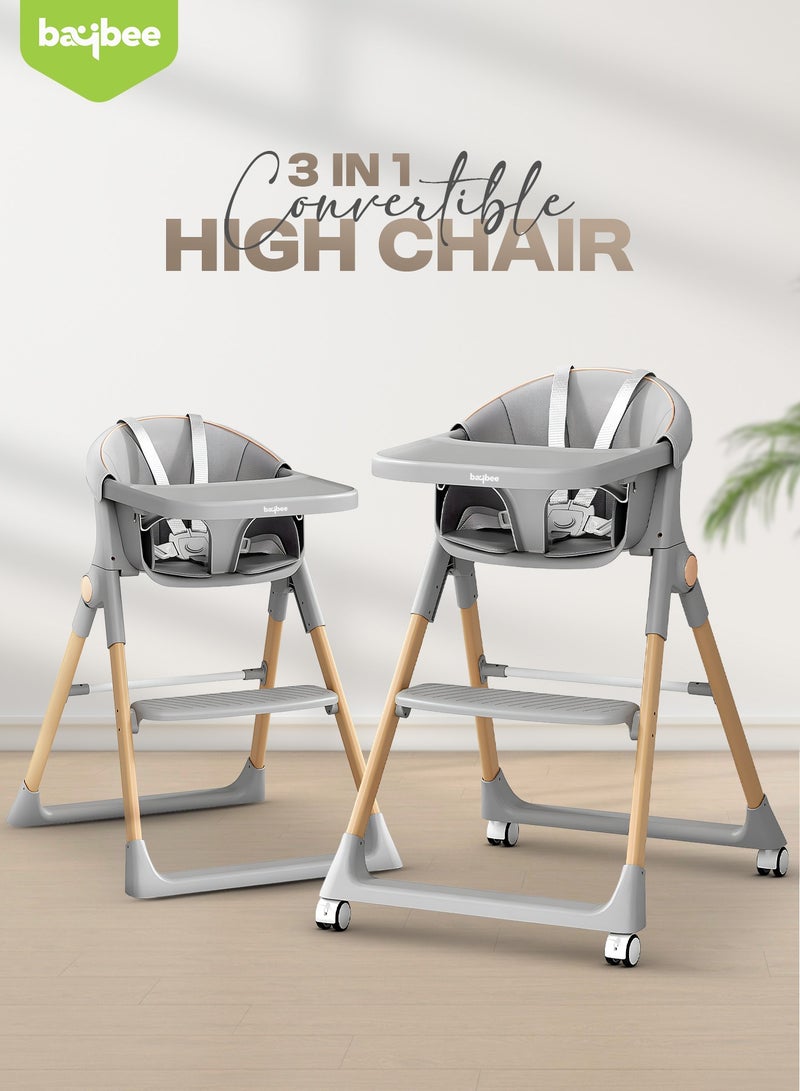 BAYBEE Premium 3-in-1 Convertible Baby High Chair for Kids | Toddler Dining Feeding Chair with Adjustable Height & 5-Point Safety Harness | Baby Chair with Adjustable Tray | Kids High Chair for Baby for 6 Months to 4 Years Boy Girl Grey - Image 2