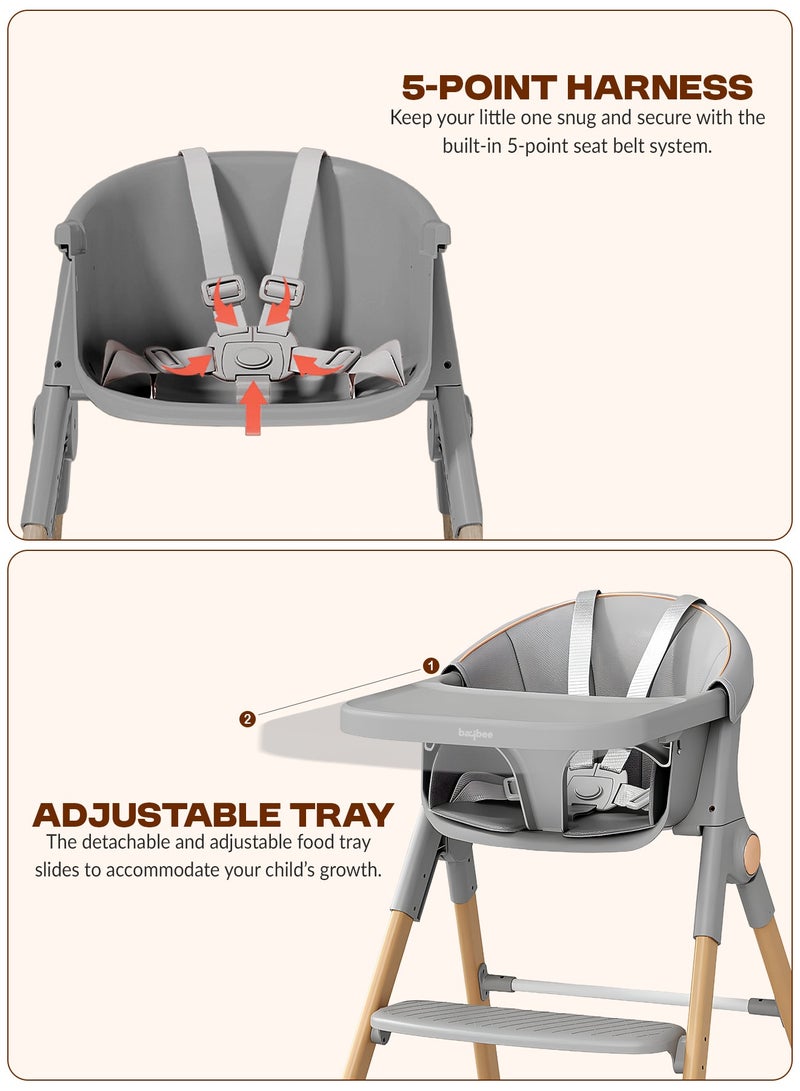 BAYBEE Premium 3-in-1 Convertible Baby High Chair for Kids | Toddler Dining Feeding Chair with Adjustable Height & 5-Point Safety Harness | Baby Chair with Adjustable Tray | Kids High Chair for Baby for 6 Months to 4 Years Boy Girl Grey - Image 4