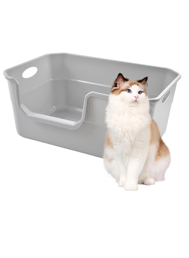 Large Open Cat Litter Box Low Entry,High Sided Cat Litter Pan Anti-Splashing Grey Cat Litter Box Plastic Litter Box with High Sides Easy Clean - Image 1