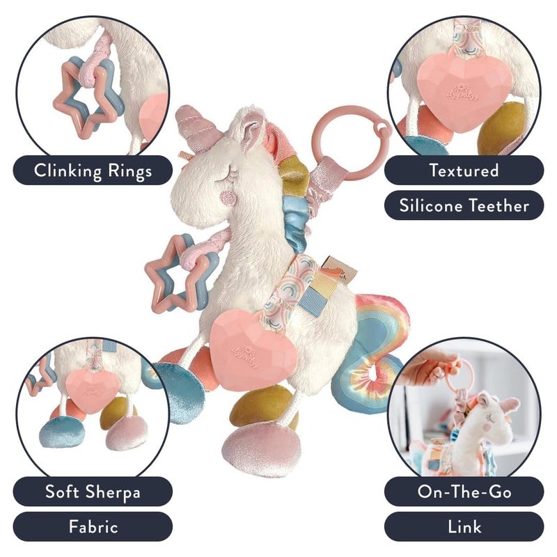 Itzy Ritzy Link & Love Toy for Stroller or Car Seat; Features Textured Ribbons, Crinkle Sounds, Clinking Rings & Silicone Teether; Designed For Ages 0 Months and Up (Unicorn) - Image 3