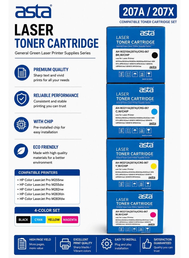ASTA Compatible HP 207A Toner Cartridge Set Replacement for HP W2210A, W2211A, W2212A, W2213A – Black, Cyan, Yellow & Magenta – Works with HP Color LaserJet Pro M255nw, M255dw, M282nw, M283fdn, M283fdw Printers - Image 2