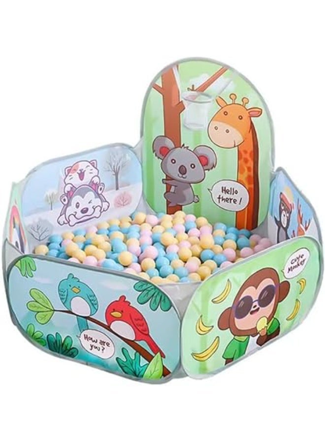 Happy Kiddo Kids Pop-Up Ball Pit Tent with Basketball Hoop - Portable Toddler Play Tent with Cute Cartoon Animal Graphics - Indoor and Outdoor Interactive Ball Pool for Baby Boys and Girls (Balls Not Included) - Image 1