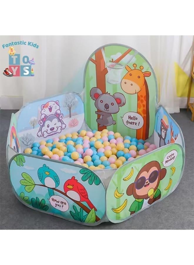 Happy Kiddo Kids Pop-Up Ball Pit Tent with Basketball Hoop - Portable Toddler Play Tent with Cute Cartoon Animal Graphics - Indoor and Outdoor Interactive Ball Pool for Baby Boys and Girls (Balls Not Included) - Image 4