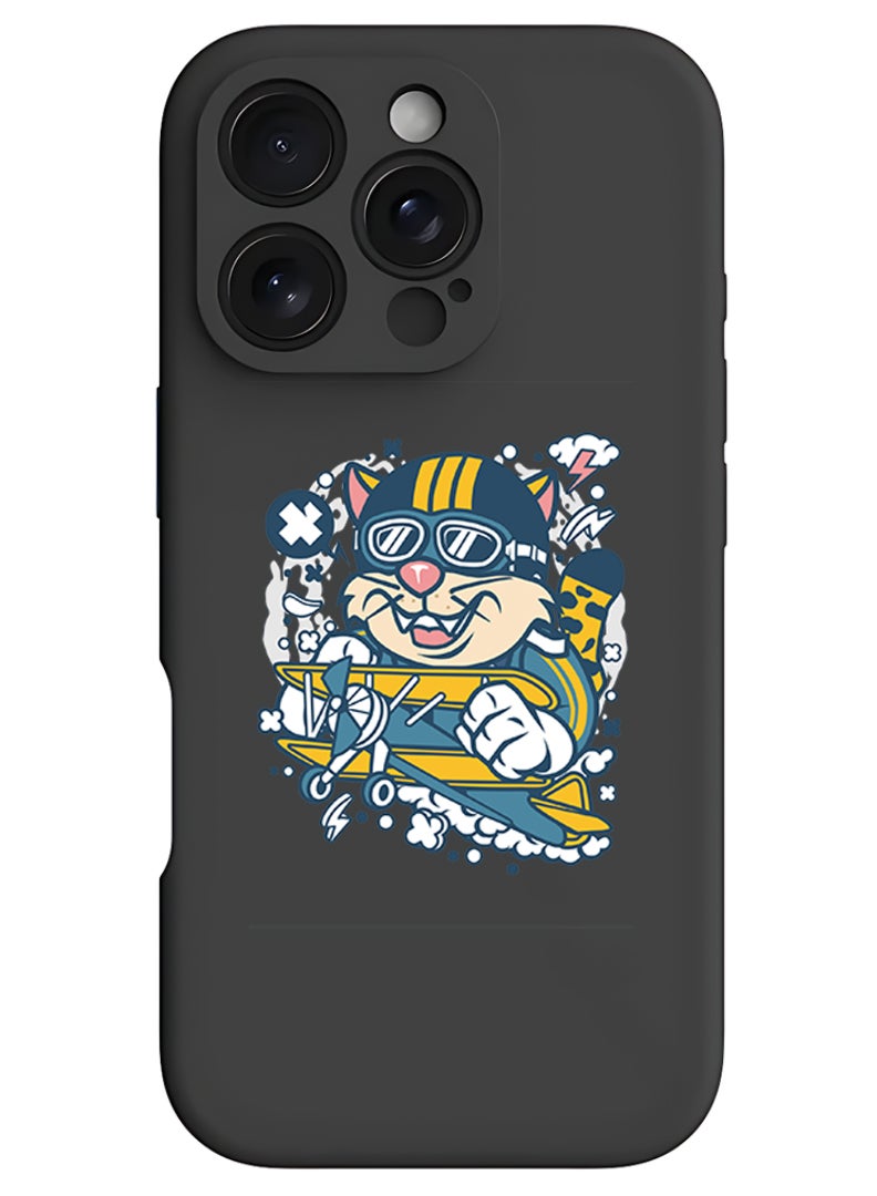 Theodor iPhone 16 Pro Max Black Protective Slim Fit Case Liquid Silicone Cover with Full Body Protection Anti-Scratch Shockproof Case For iPhone - cat on plane - Image 1