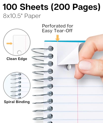 Dunwell 1 Subject Spiral Notebook, Blue Plastic Cover, 100 Sheets (200 Pages) 8x10.5 Paper, Wide Ruled Composition Notebooks with Poly Pocket Dividers, 3-Hole Punch Perforated Pages - Image 3