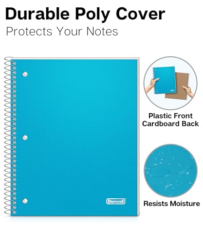 Dunwell 1 Subject Spiral Notebook, Blue Plastic Cover, 100 Sheets (200 Pages) 8x10.5 Paper, Wide Ruled Composition Notebooks with Poly Pocket Dividers, 3-Hole Punch Perforated Pages - Image 4