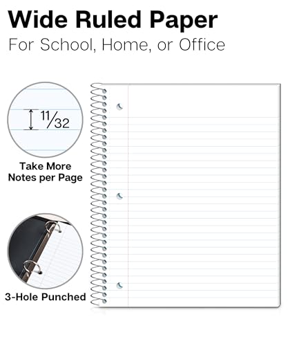 Dunwell 1 Subject Spiral Notebook, Blue Plastic Cover, 100 Sheets (200 Pages) 8x10.5 Paper, Wide Ruled Composition Notebooks with Poly Pocket Dividers, 3-Hole Punch Perforated Pages - Image 2