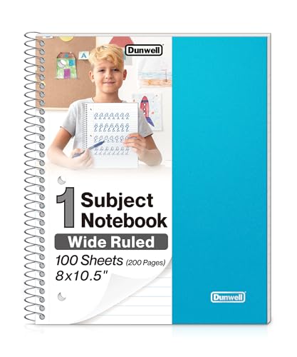 Dunwell 1 Subject Spiral Notebook, Blue Plastic Cover, 100 Sheets (200 Pages) 8x10.5 Paper, Wide Ruled Composition Notebooks with Poly Pocket Dividers, 3-Hole Punch Perforated Pages - Image 1