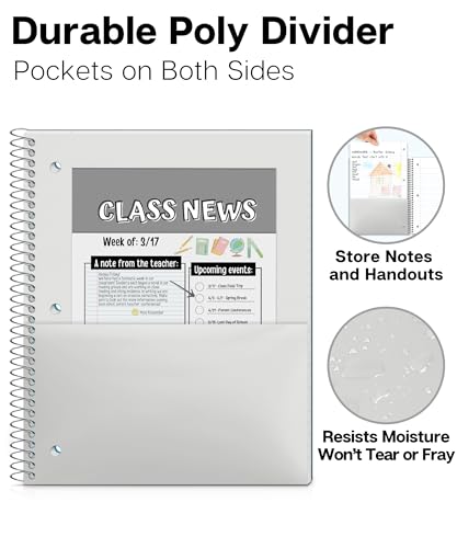 Dunwell 1 Subject Spiral Notebook, Blue Plastic Cover, 100 Sheets (200 Pages) 8x10.5 Paper, Wide Ruled Composition Notebooks with Poly Pocket Dividers, 3-Hole Punch Perforated Pages - Image 5