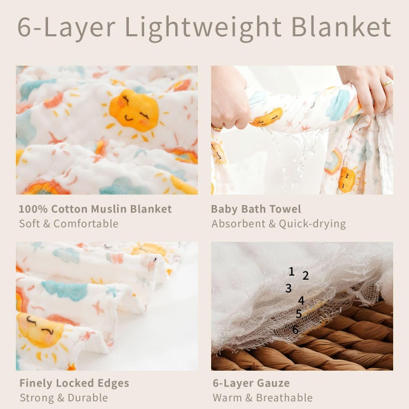 CoolaPeach Muslin Swaddle Blankets 6-Layer Cotton Baby Blankets for Boys & Girls 43"X43"Inches Receiving Blankets,Soft Skin-Friendly Baby Crib Blanket,Breathable Quilt Bedspread(Sunny) - Image 4