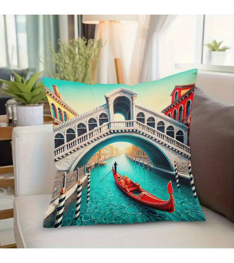 وسادة واحدة مقاس 16×16 بوصة بتصميم زينة لمدينة إيطاليا المائية، مع سحاب مخفي، قابلة للغسل في الغسالة، طباعة على الوجهين، لتزيين الأريكة وغرفة المعيشة والمكتب والمنزل. - Image 2