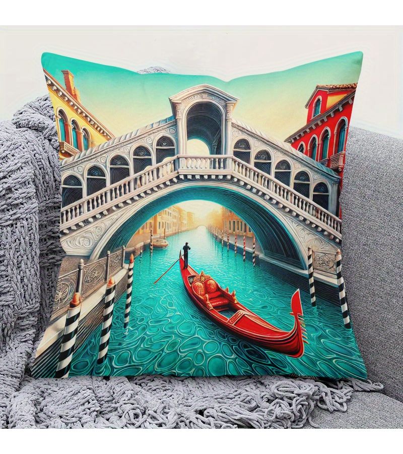 وسادة واحدة مقاس 16×16 بوصة بتصميم زينة لمدينة إيطاليا المائية، مع سحاب مخفي، قابلة للغسل في الغسالة، طباعة على الوجهين، لتزيين الأريكة وغرفة المعيشة والمكتب والمنزل. - Image 1