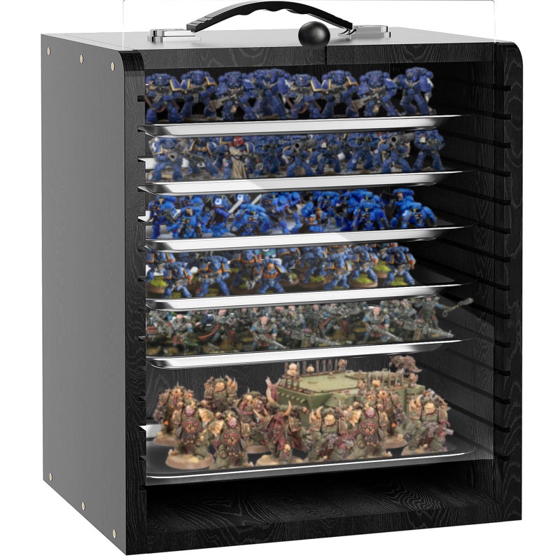 WELIDAY Miniature Storage Case for Collectibles Miniatures, Wooden Display Cases with 6 Trays, Miniature Display Case Miniatures Transport Case (Black) - Image 1